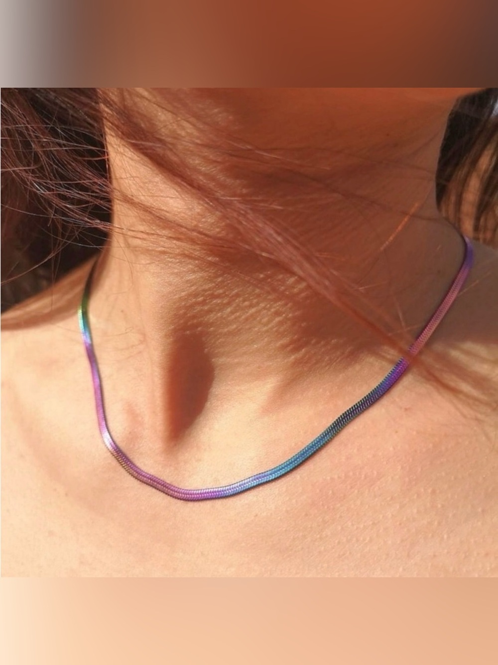 New Minimalist Aura Rainbow Oil Slick Iridescent Herringbone Chain Necklace